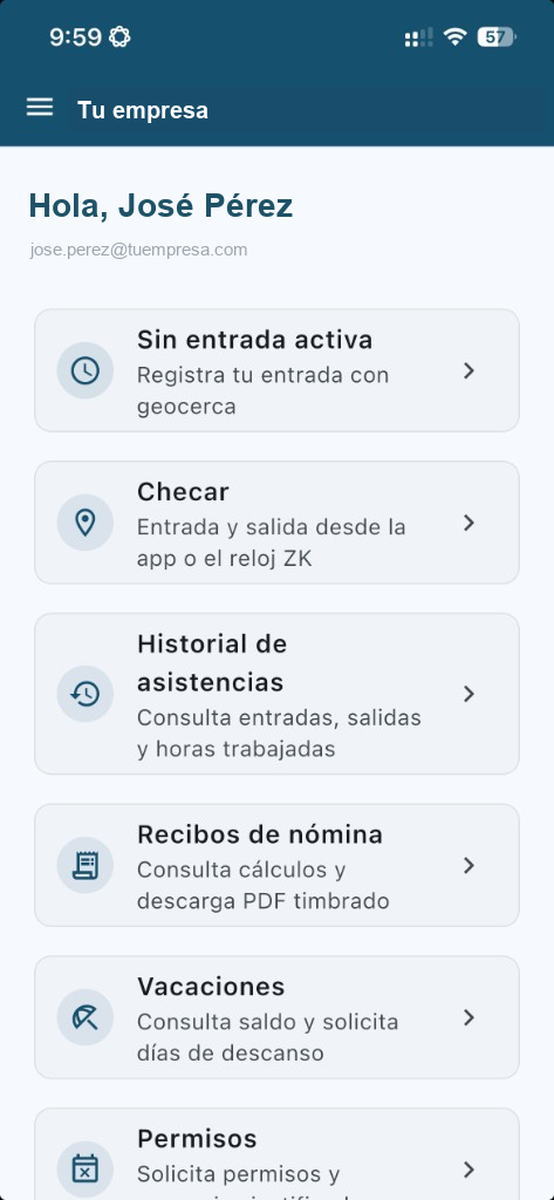 Pantalla de inicio de odoo4u: menú de checadas, historial, nómina, vacaciones y permisos